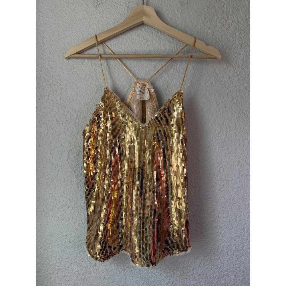 Style Rack Gold Sequin V-Neck Cami Spaghetti Strap Tank Top Small